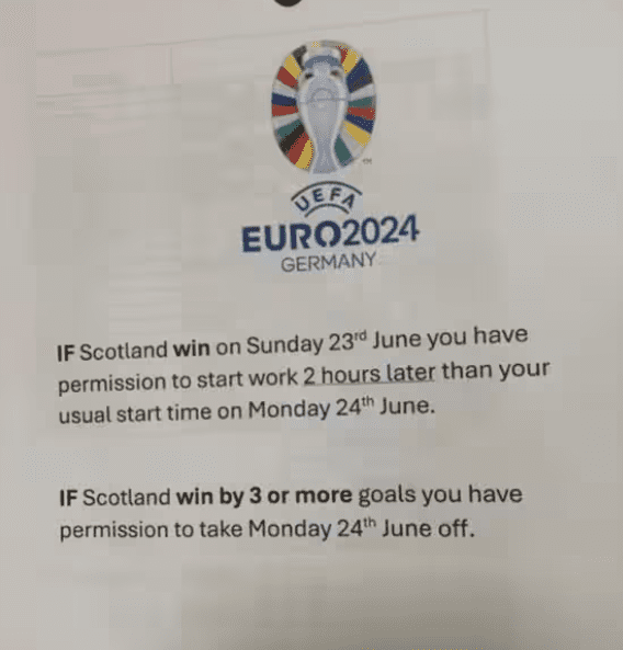 Company Announces: Employees Allowed 2-Hour Late Arrival if Scotland Wins, Day Off If They Score Three or More Goals -illustration-