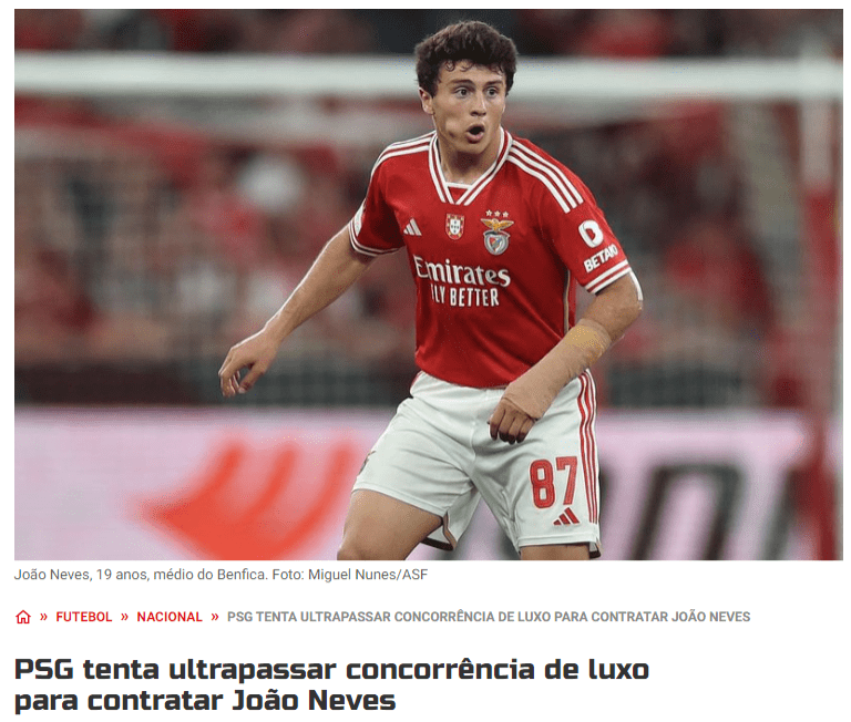 Portuguese Media: PSG Joins Race with €70m Bid for Neves, Benfica Still Asking for €120m -illustration-