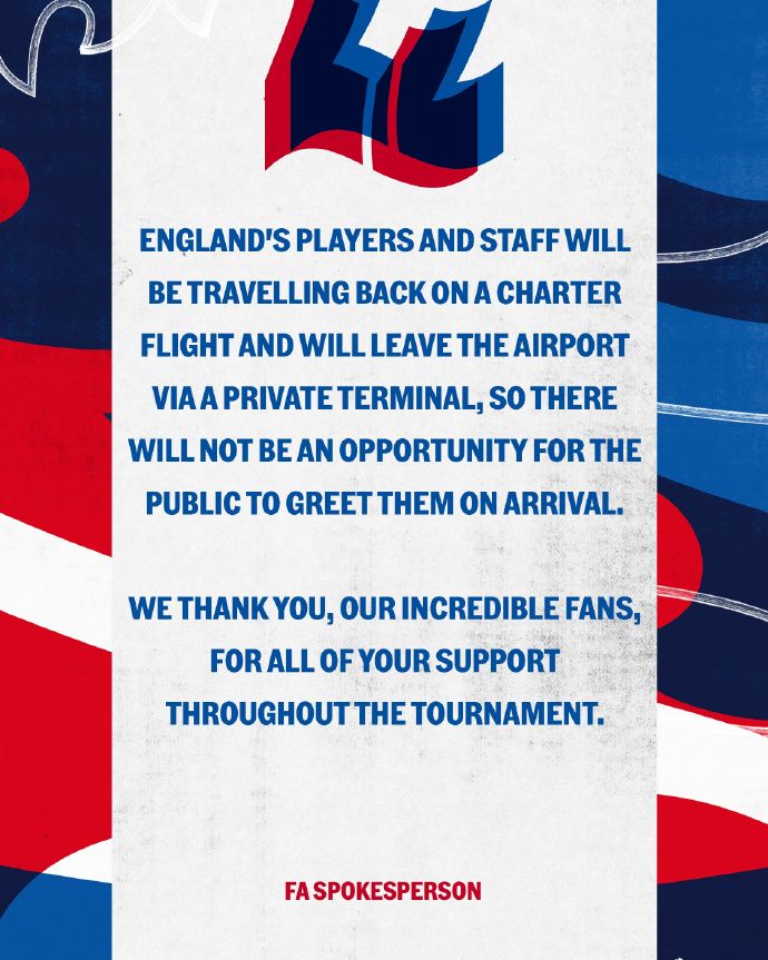 A polite decline! England’s Official Announcement: Players Will Return Home on a Chartered Flight and Depart the Airport Solo; Fans Need Not Meet and Greet -illustration-