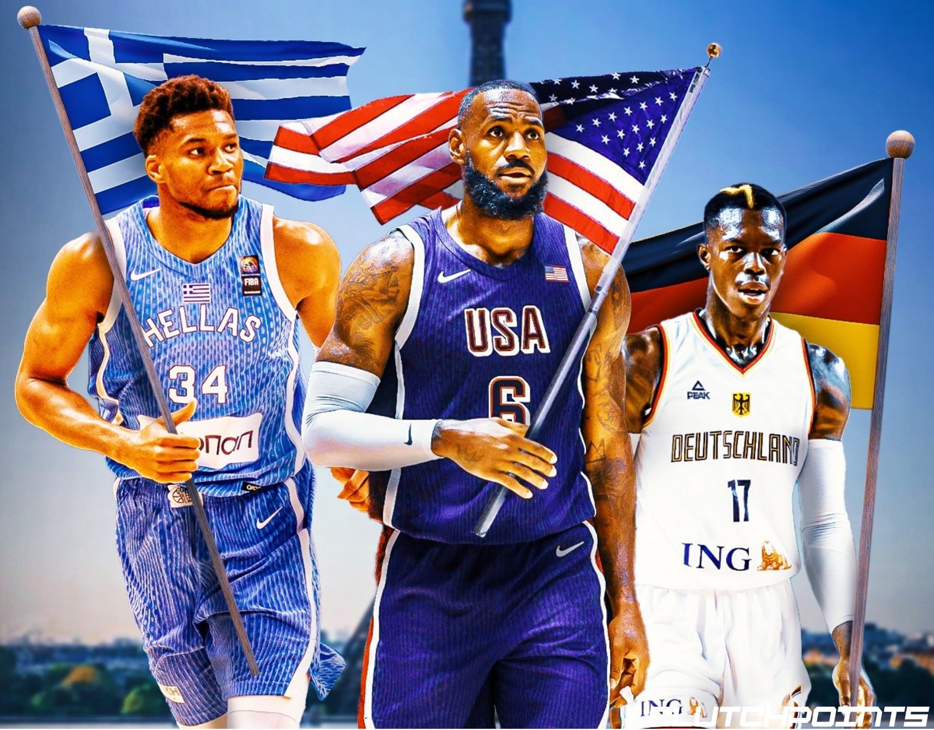 Currently, three basketball players are serving as flag bearers for the opening ceremony of the Paris Olympics: Giannis Antetokounmpo, LeBron James, and Dennis Schroder -illustration-