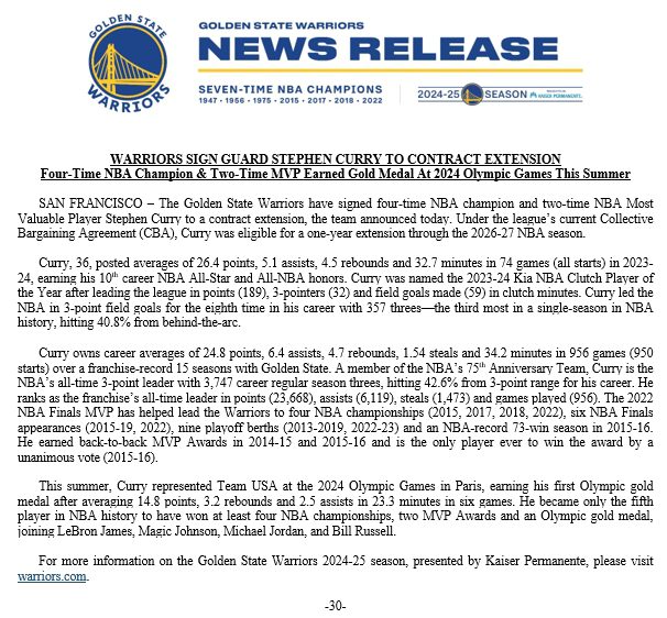 Warriors Officially Announce Contract Extension with Curry, New Deal Runs Through the 2026-27 Season -illustration-1