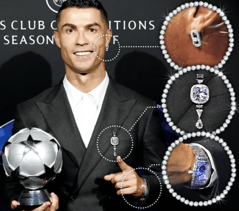 The Sun: Ronaldo Attends Draw Ceremony Wearing Jewelry Worth Millions; Brooch Worth a Million -illustration-