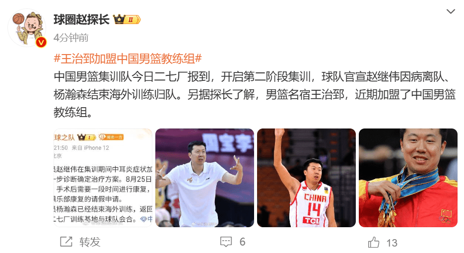 Media Personnel: Yang Hanshen Returns to Team After Overseas Training, Men’s Basketball Legend Wang Zhizhi Recently Joins China’s Men’s Basketball Coaching Staff -illustration-