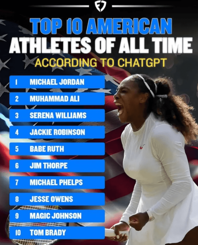 ChtGPT Ranks Top Ten Athletes in US History: Jordan, Ali, and Williams Top Three, Brady Tenth -illustration-