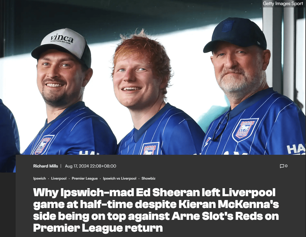 “Yellow Boss” Ed Sheeran Leaves Ipswich Game at Half-time Due to Performance Schedule, Misses Team’s Second-half Goals Conceded -illustration-