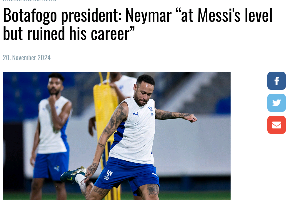 Botafogo President: Neymar is Stronger than Ronaldo, on Par with Messi, but Ruined His Own Career