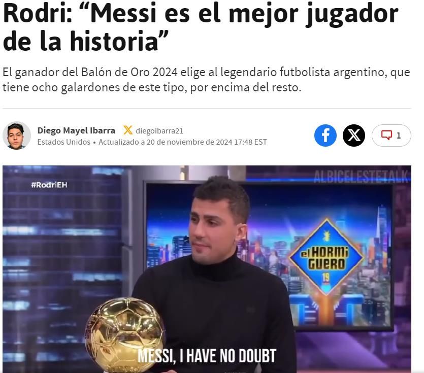 Rodri: Messi is the Best Player in History, Ronaldo Does Not Have Messi's Talent